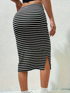 Drawstring Striped Slit Skirt - Black