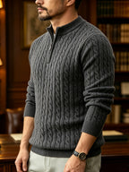 New Spring/Autumn Men's Half-Zip Stand Collar Cable Knit Long-Sleeve Sweater. The Stand Collar and Half-zip Design with Three-dimensional Cable Knitting Make It Suitable for Daily Commutes, Light Business Meetings, and Casual Gatherings - Dark Grey