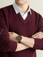 Men's Solid Color V-Neck Sweater - Warm Winter Knit Pullover with V-Neck Collar, Basic Long Sleeve Knitwear Suitable for Fall and Winter, Casual Office Wear, Hand Washable Regular Fit Sweater for Layering - Dark Red