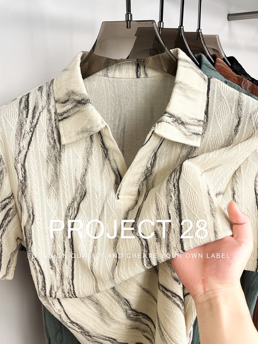 High-Quality Light Luxury Style Lazy Old Money Style Men'S Short Sleeve Seagull Collar Pullover Knit POLO Shirt Fashion Casual Suitable for Outdoor Sports Golf Base Layer Top Diamond Jacquard Textured Fabric Ink Wash Striped Craft Easy Commuter Ligh - Off-white
