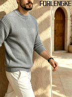FORLENGKE Men's Waffle Knit Crewneck Sweater, New Autumn and Winter Solid Color Textured Knit Pullover with 3D Patterns, Casual and Commuter-Friendly, Simple and Versatile, Available in Multiple Colors, Suitable for Wearing Alone or Layering - Grey