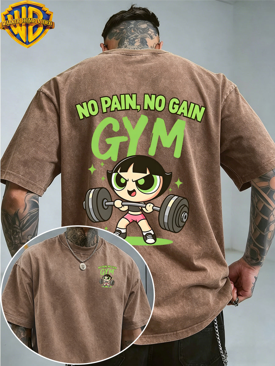 Warner Bros. Officially Authorizes Iron Fitness Slogan Printed Retro Washed Outdated Short Sleeve T-shirt for Men and Women, Machine Washable Daily Commuter Outdoor Sports and Leisure Top - Coffee Color