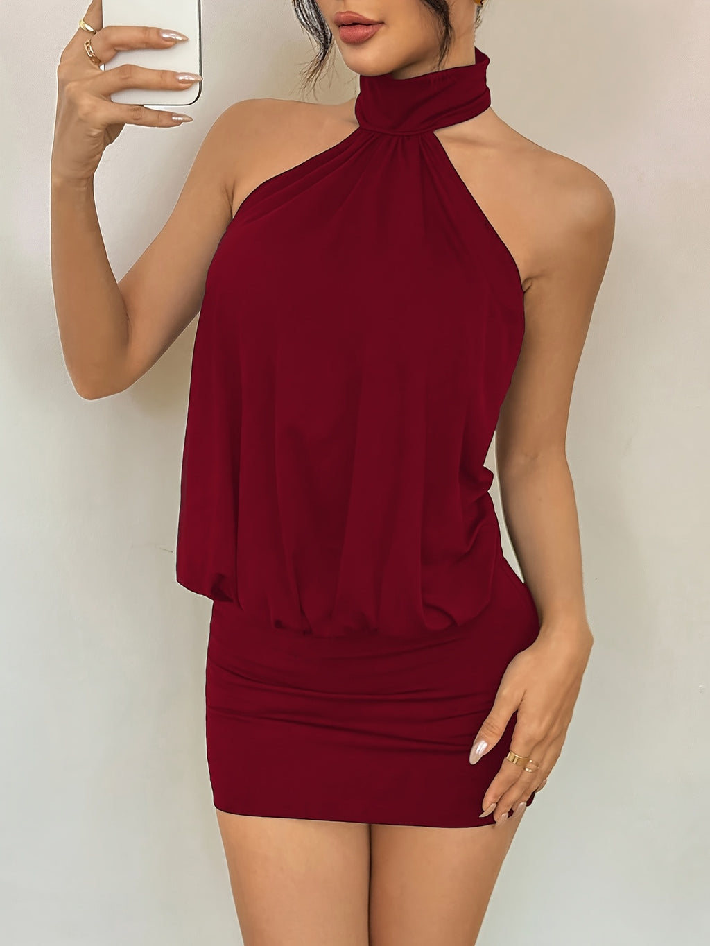 Women'S High Neck Backless Mini Bodycon Halter Dress - Burgundy