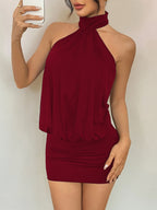 Women'S High Neck Backless Mini Bodycon Halter Dress - Burgundy