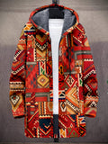 Retro Ethnic Art Pattern 3D Print Fashion Men'S Plush Thick Long-Sleeved Cardigan Coat Winter Warm Zipper Hooded Coat, Casual, Regular Fit, Daily, Geometric Print - Red