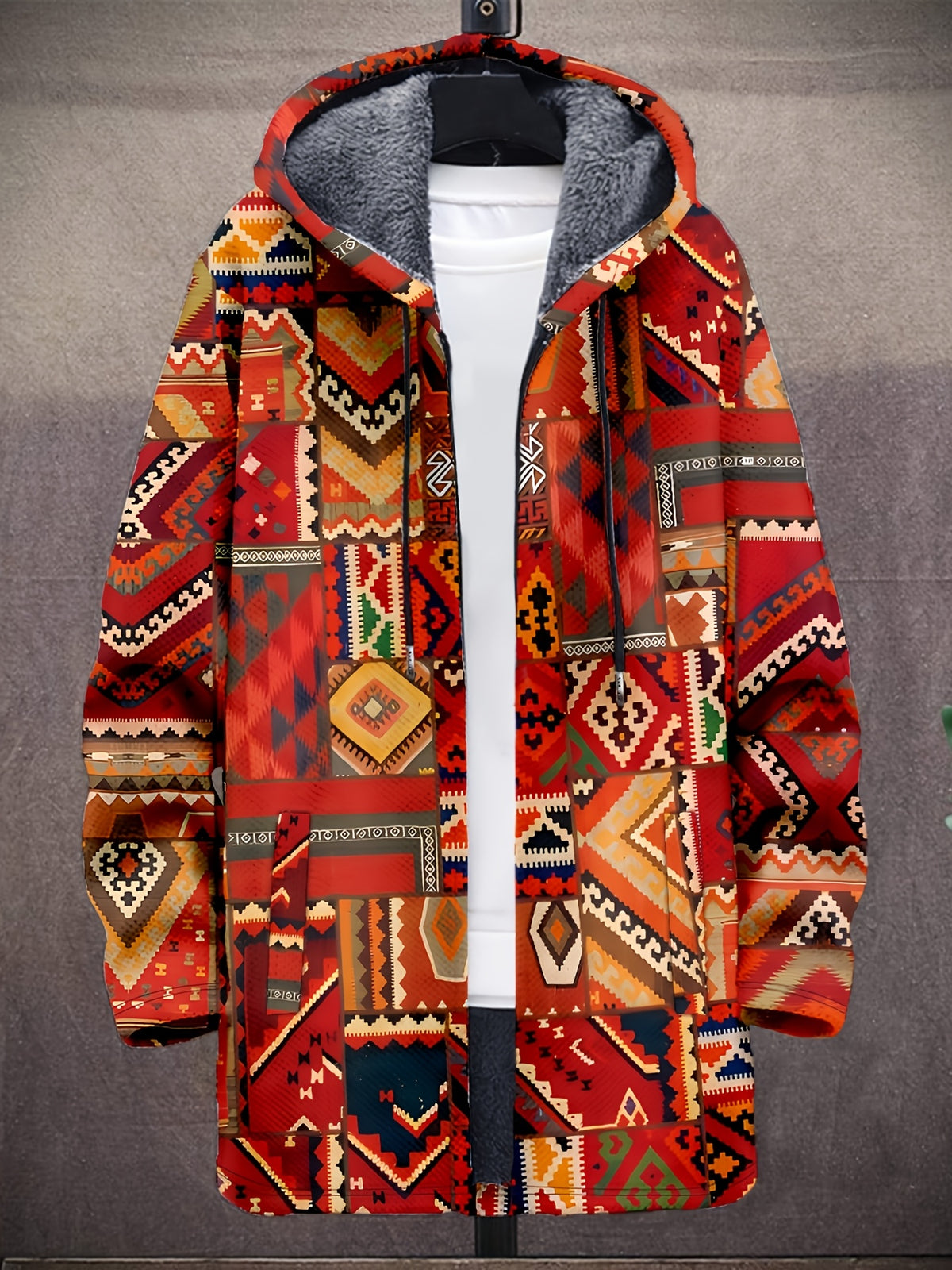 Retro Ethnic Art Pattern 3D Print Fashion Men'S Plush Thick Long-Sleeved Cardigan Coat Winter Warm Zipper Hooded Coat, Casual, Regular Fit, Daily, Geometric Print - Red