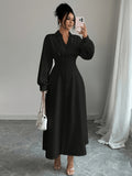Elegant And Refined Long-Sleeve Shirt with Delicate Collar Mid-Length Skirt in Stylish Solid Color with Fitted Waistline Front-Buttoning Wide A-Line Skirt And Pleated Hem at The Back Perfect for Work Dating Or Formal Events As a Wedding Guest - Black