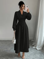 Elegant And Refined Long-Sleeve Shirt with Delicate Collar Mid-Length Skirt in Stylish Solid Color with Fitted Waistline Front-Buttoning Wide A-Line Skirt And Pleated Hem at The Back Perfect for Work Dating Or Formal Events As a Wedding Guest - Black