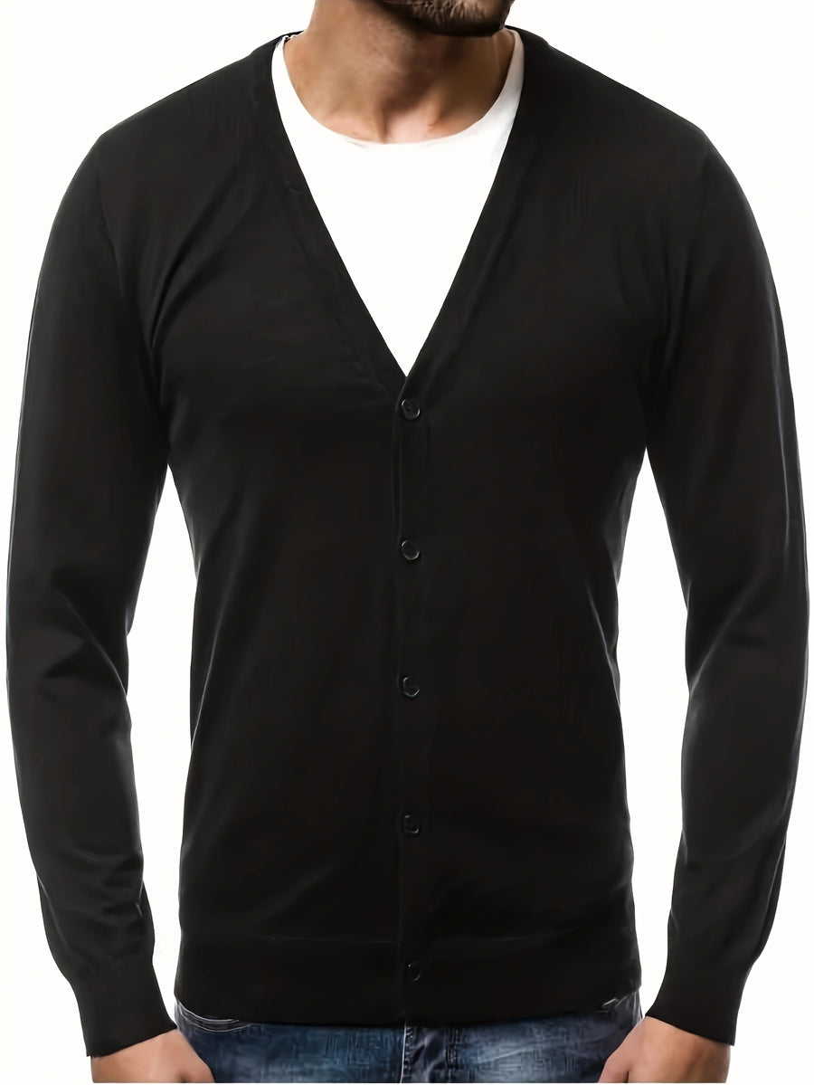 Men's Classic V-Neck Sweater - Elegant Button-Front Cardigan, Soft Knit Sweater for Fall/Winter, Office & Formal Events - Easy-Care Everyday Chic Sweater Coat, Sweater Cardigan, Winter Wardrobe Essential, Modern Vneck Design, Solid Color Design - Black