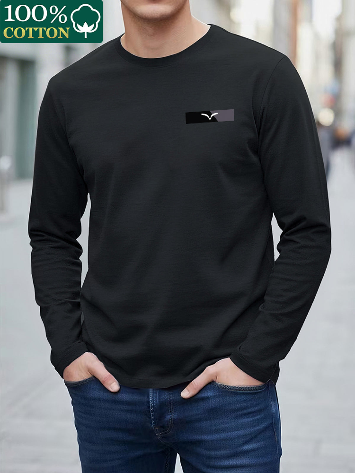 100%  T-shirt, Men's Crew Neck Long Sleeve T-shirt, Trendy Seagull Graphic Print Design, Suitable for Casual Wear and Outdoor Activities - Black