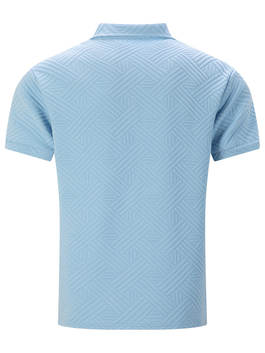 Men'S Twill Embossed Jacquard Half-Zip Polo Shirt, Lapel Short-Sleeve Casual Top with Single Chest Pocket, Lightweight & Breathable Men'S T-Shirt for Daily Summer Wear, Business Occasions And Golf - Sky Blue