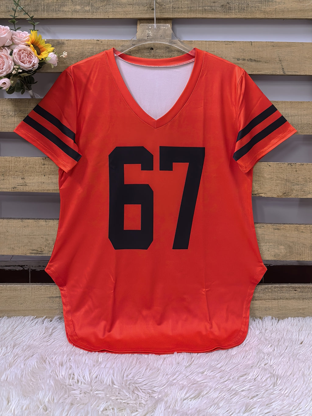 2026 European And American Spring Summer New Women'S Clothing Digital Print Curved Hem V-Neck Loose Casual Short Sleeve T-Shirt Top - Red