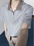 Men's Plaid Patchwork Lapel Half-Zip Short-Sleeve T-Shirt, Summer Loose Fit Casual Premium Polo Shirt - Dark Gray