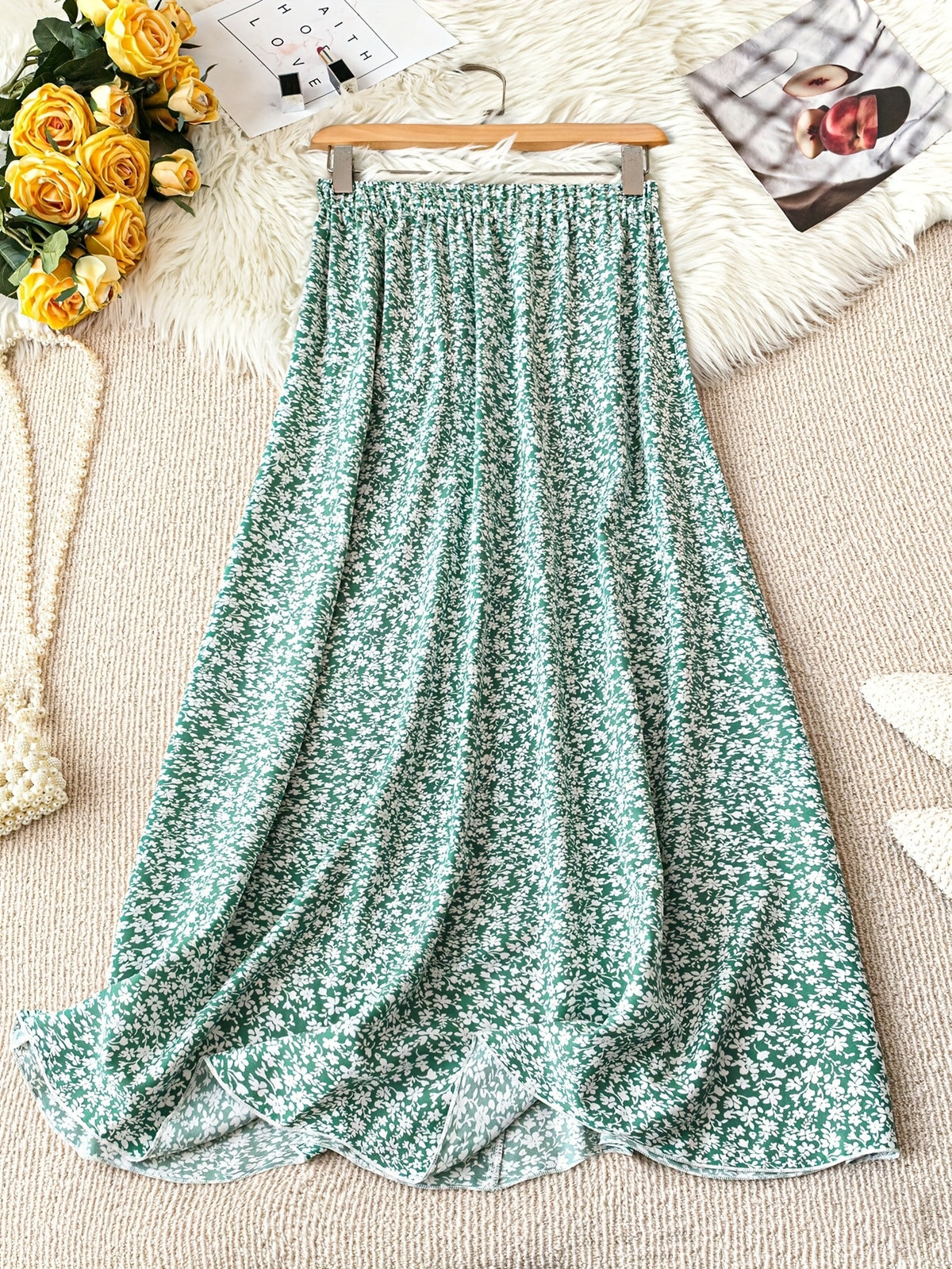 Women's Summer Floral Print Casual Vacation Skirt in Green - Multicolor