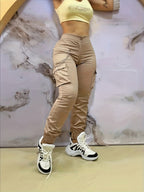Women's High Waist Overalls-beige Non-stretch Jeans, Zipper Pocket Design, Casual and Formal Wear Dual-use Spring, Summer and Autumn Daily Pants, Durable Fabric Solid Color - Khaki