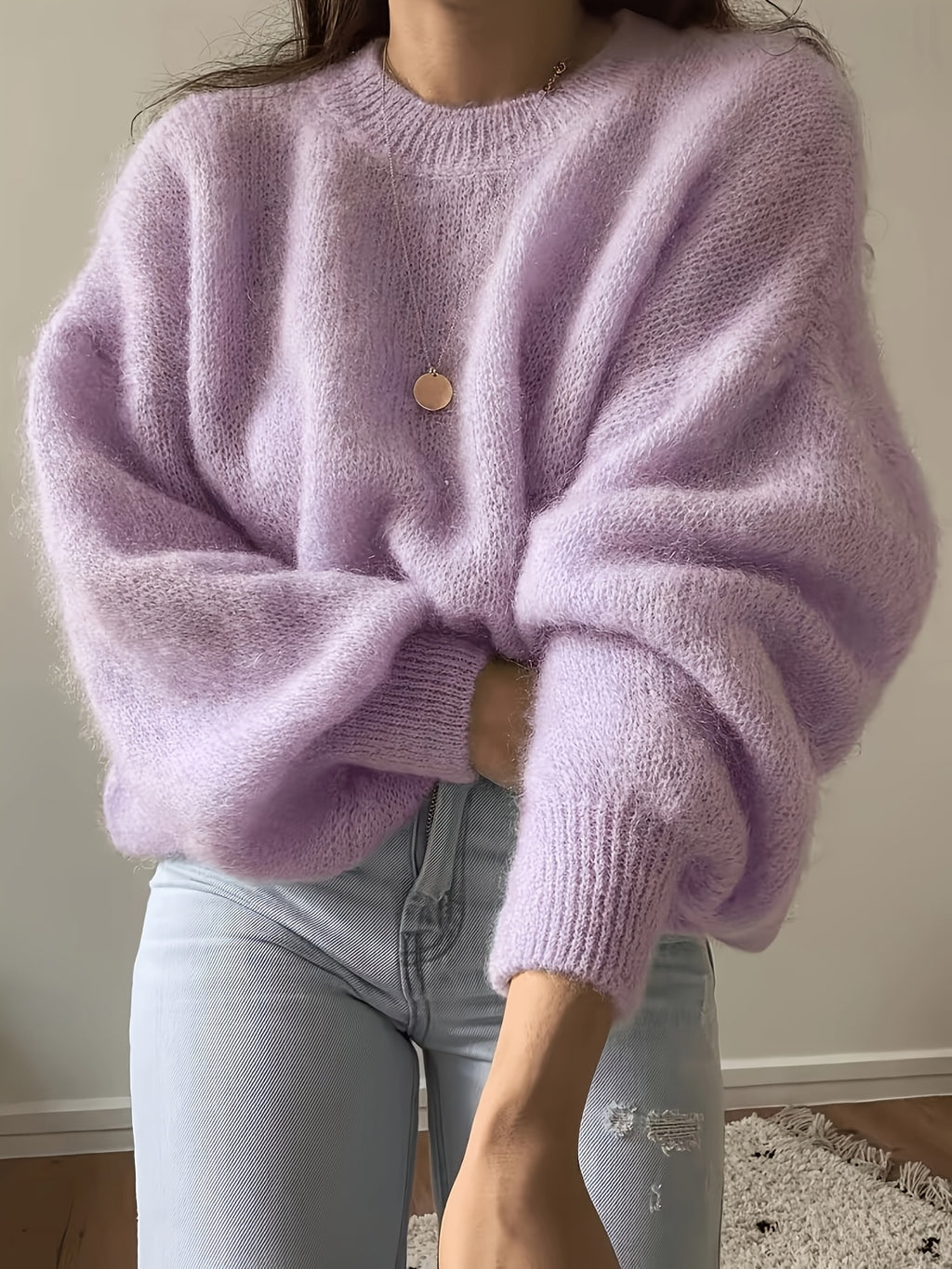 French Lazy Round Neck Sweater Early Autumn Early Winter Oversized Lantern Long Sleeve Women'S Soft Plush Skin-Friendly -Concealing Single Piece Versatile Inner Wear Outer Wear Commute Date Travel Casual Relaxed Atmosphere Pullover Top ASD1 - Lavender