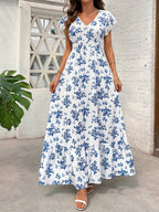 Women'S Fashionable Elegant Casual V-Neck Printed Dress - Multicolor