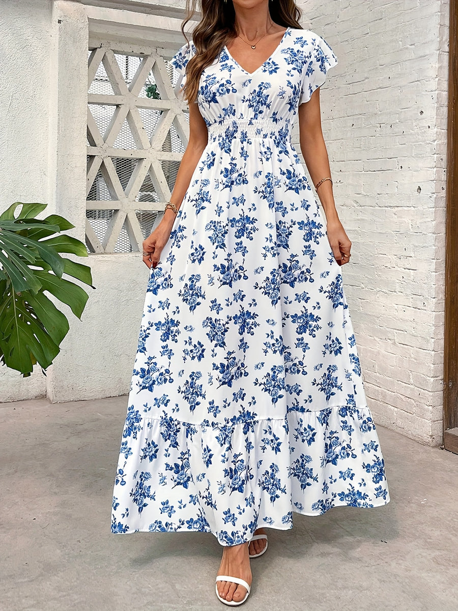 Women'S Fashionable Elegant Casual V-Neck Printed Dress - Multicolor