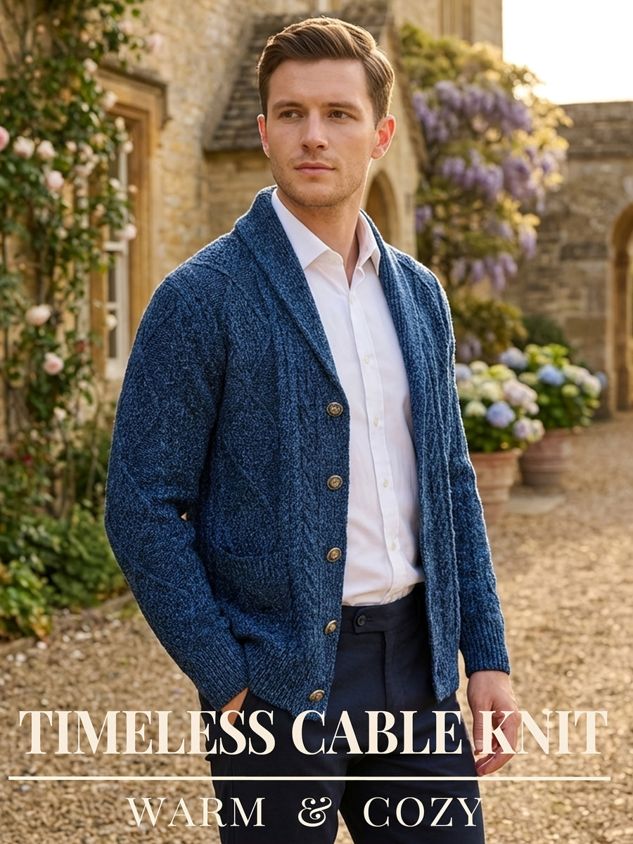 Men's Knitted Cardigan Button-Up Knit Outerwear, Fashionable Casual Sporty Knitted Long-Sleeve Autumn/Winter Thickened Warm Knitted Garment, Cable Knit Construction, Casual Style Sweater with Button-Up Cardigan, Long Sleeves, Regular Fit - Navy Color