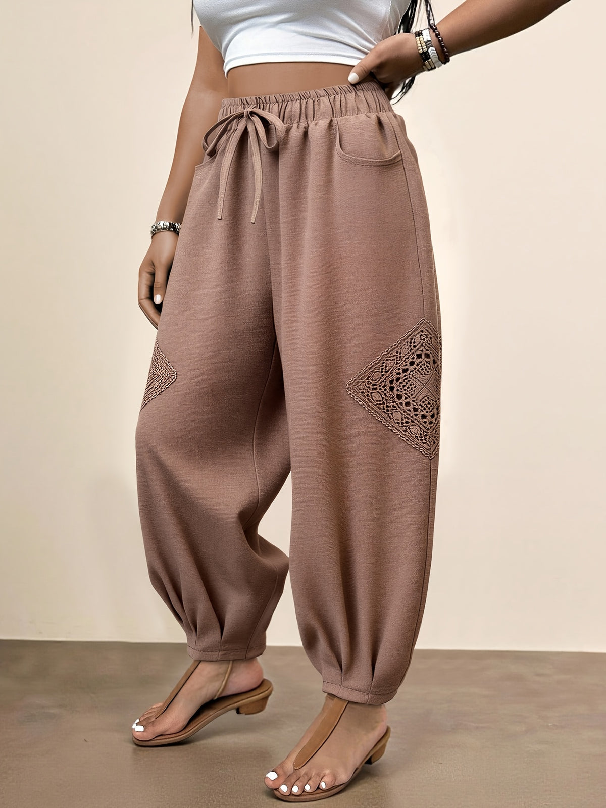 Fashionable Plus-Size Women'S Loose Pants with a Faux Drawstring, Suitable for Commuting, Vacations, Parties, And Sports, Featuring Pockets, Ideal for Everyday Wear - Rose Brown