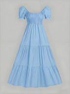 Four-Season Suitable Dress, Y2K Women's New Solid Color Square Neck Tie-Back Long Dress, Suitable for Streetwear, Commuting, Parties, Social Events, Vacations, Christmas, New Year, Valentine's Day, Women's New Clothing M186 - Sky Blue