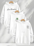 3pcs Trendy Print Sweatshirt, Men's Casual Hooded Sweatshirt, Long-sleeve Pullover, Slightly Stretchy, Knitted Polyester Fabric, Regular Fit Men's Hoodie - White