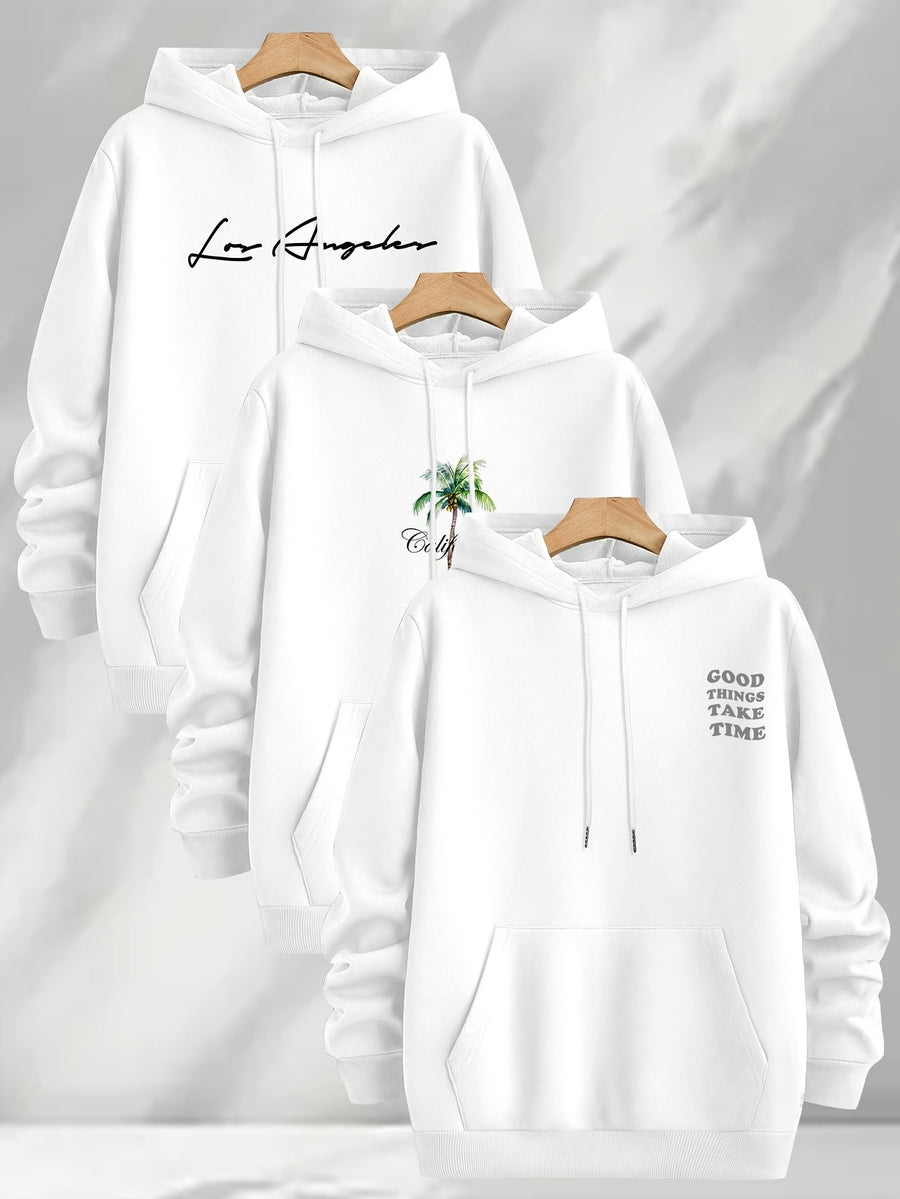 3pcs Trendy Print Sweatshirt, Men's Casual Hooded Sweatshirt, Long-sleeve Pullover, Slightly Stretchy, Knitted Polyester Fabric, Regular Fit Men's Hoodie - White