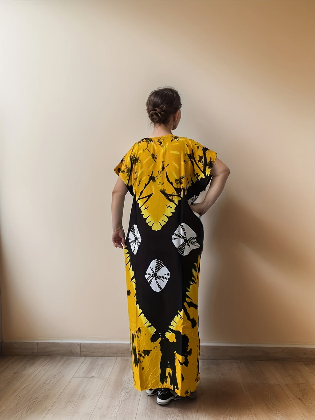 Plus-Size Floral Print Kaftan Dress for Ramadan, Elegant Round-Neck Short-Sleeve Gown for Middle Eastern Women, Women'S Plus-Size Clothing - ginger-colored