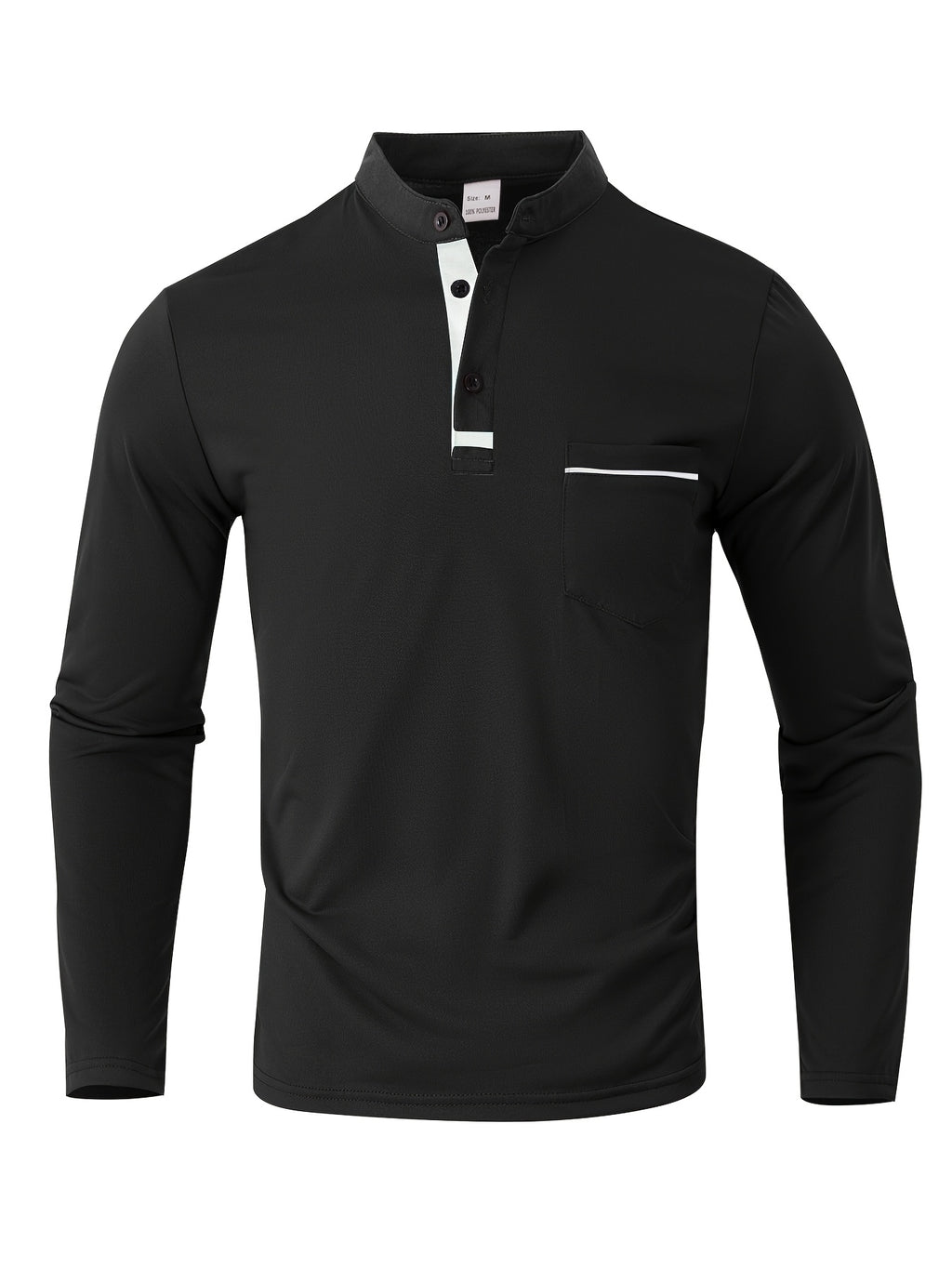 [JOSHIMAI OBM] 2pcs Men'S Long Sleeve Henley Shirts, Soft Comfortable Stretch Fabric, Lightweight Breathable Easy Care, Stand Collar 3-Button Placket Design, Contrast Color Placket And Pocket Details, Suitable for Office Commute, Business Casual - White+black
