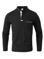 [JOSHIMAI OBM] 2pcs Men'S Long Sleeve Henley Shirts, Soft Comfortable Stretch Fabric, Lightweight Breathable Easy Care, Stand Collar 3-Button Placket Design, Contrast Color Placket And Pocket Details, Suitable for Office Commute, Business Casual - White+black