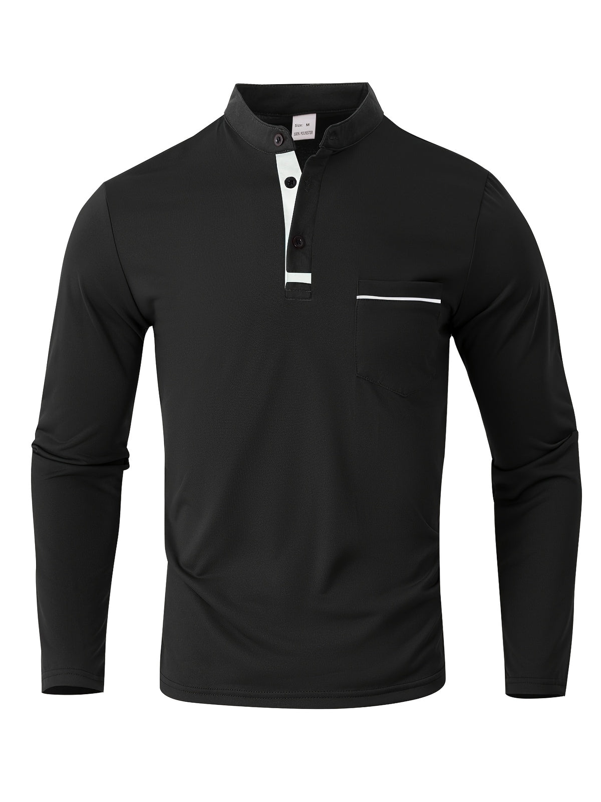 [JOSHIMAI OBM] 2pcs Men'S Long Sleeve Henley Shirts, Soft Comfortable Stretch Fabric, Lightweight Breathable Easy Care, Stand Collar 3-Button Placket Design, Contrast Color Placket And Pocket Details, Suitable for Office Commute, Business Casual - White+black