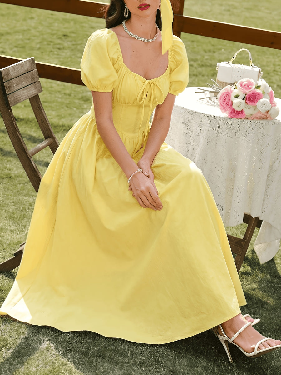 Summer Fresh Bow-Trimmed Dress, Puff Sleeve Gentle Style Vacation Long Dress, Elegant Party Dress - Yellow