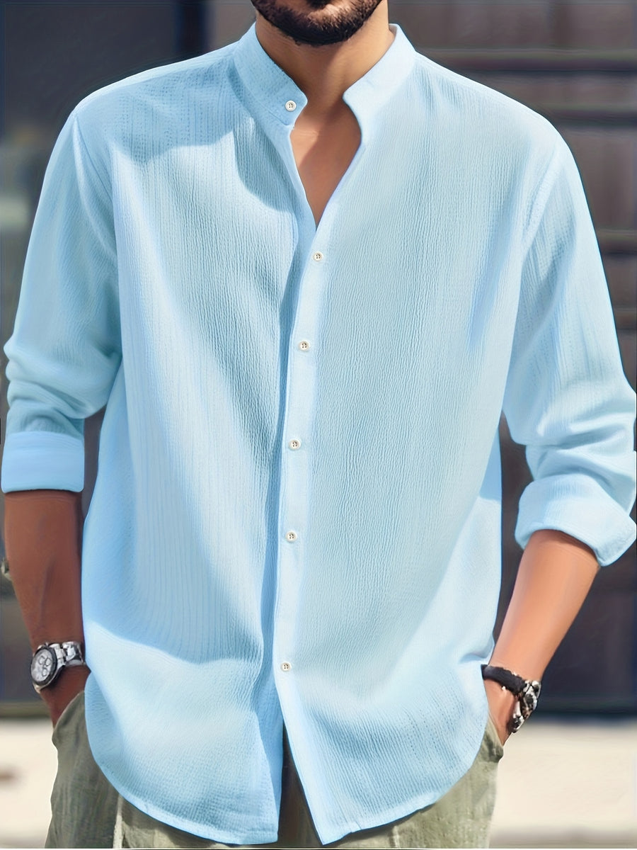 Men'S Fashion Casual Comfortable Long Sleeve Shirt - Lightweight Breathable Stand Collar Button-Up, Easy-Care Top, Machine Washable for Office And Casual Wear, Versatile Outfit for Events And Outings, Trendy Style Shirt - Deep Sky Blue