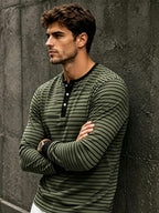 New Men's Striped Henley Neck Long Sleeve T-Shirt, Contrast Color Placket Button Casual Slim Fit Base Layer Top for Spring and Autumn - Green