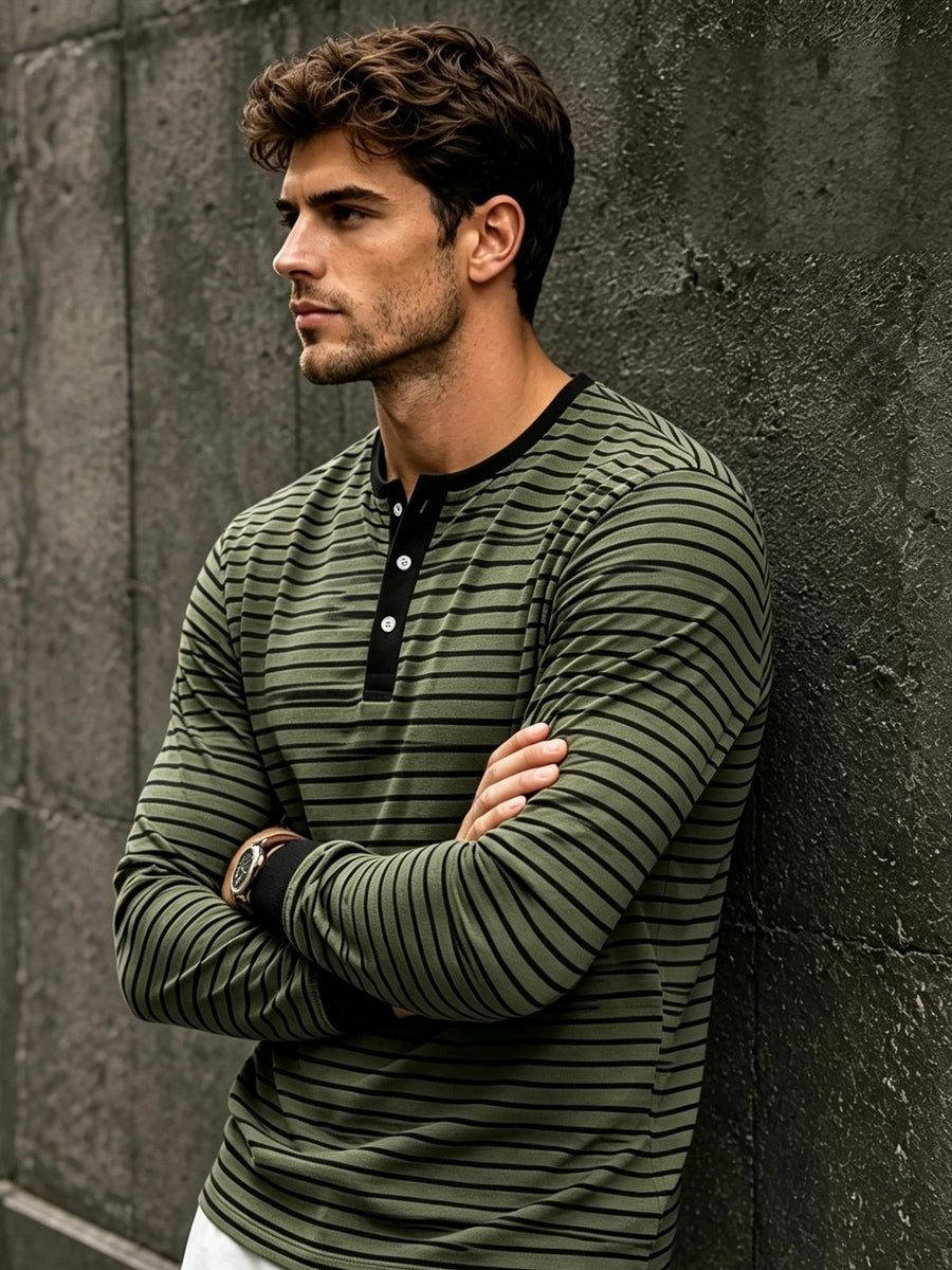 New Men's Striped Henley Neck Long Sleeve T-Shirt, Contrast Color Placket Button Casual Slim Fit Base Layer Top for Spring and Autumn - Green