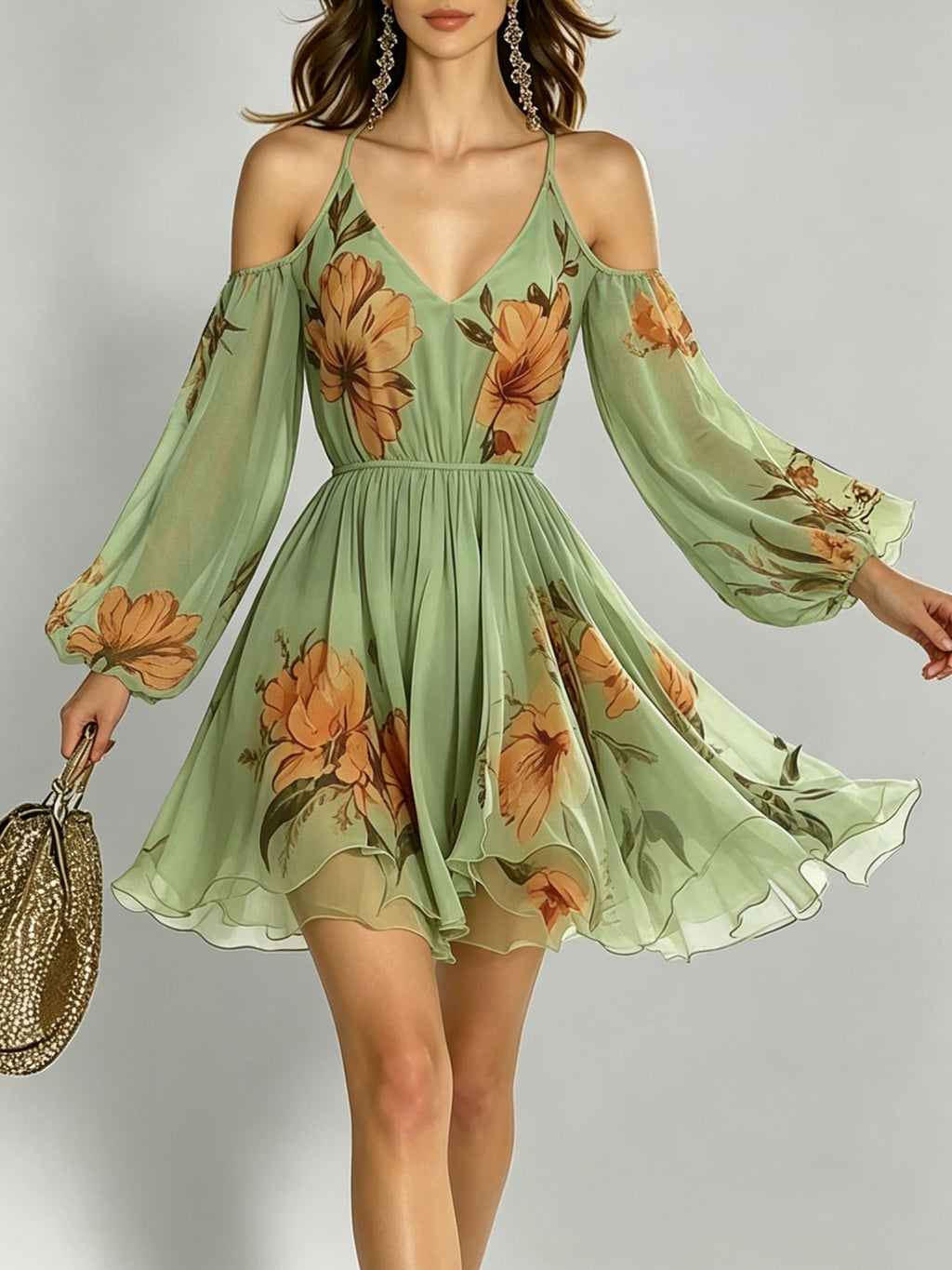 Women's Spring/Summer Casual Elegant Vacation Off-Shoulder V-Neck Printed Flared Sleeve Mini Dress ZLLZ - Multicolor