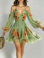Women's Spring/Summer Casual Elegant Vacation Off-Shoulder V-Neck Printed Flared Sleeve Mini Dress ZLLZ - Multicolor