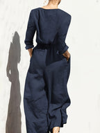 Summer New Fashion Casual Double Pocket Women's Jumpsuit with Button Detail for Vacation - Navy Color