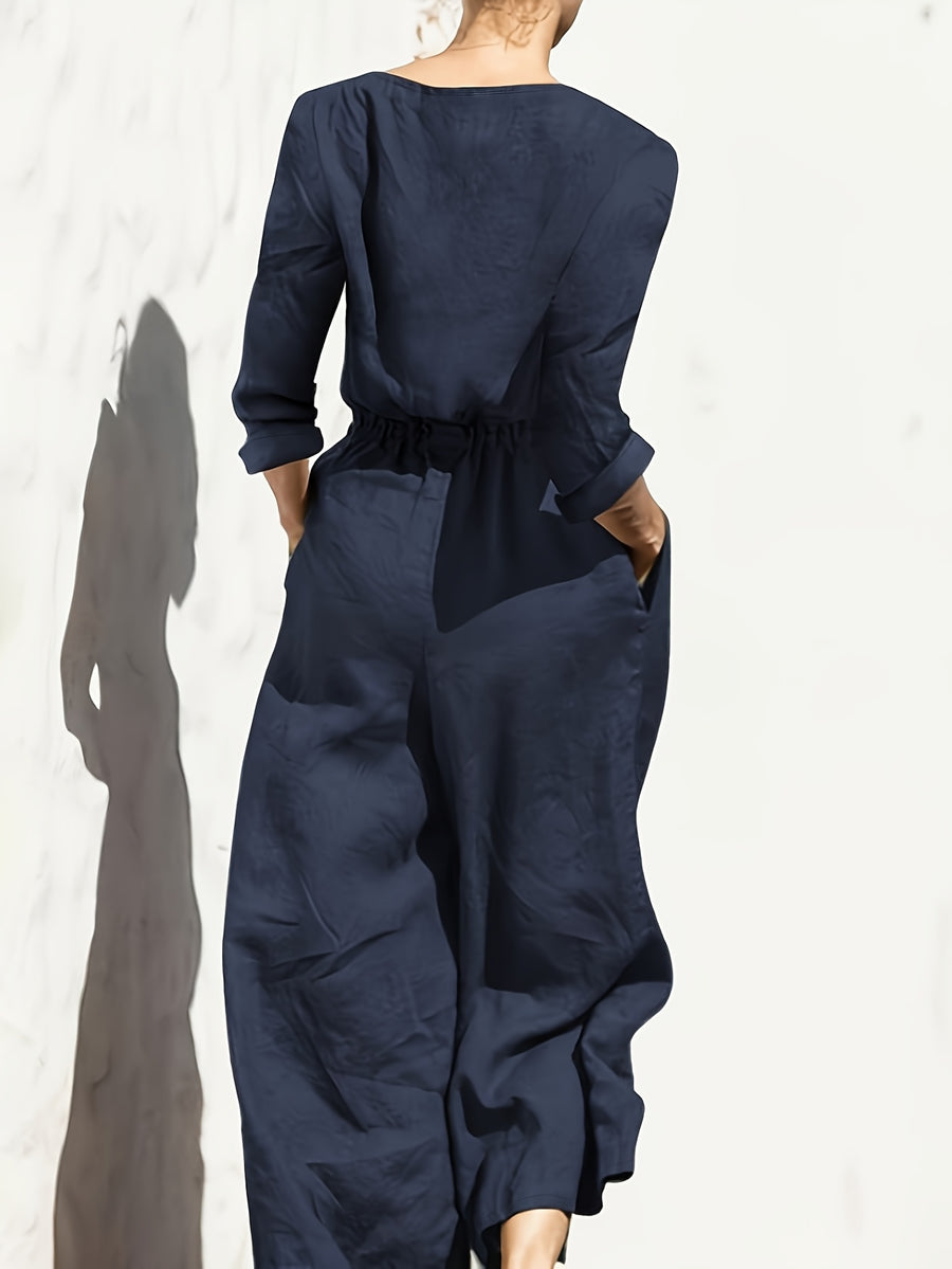 Summer New Fashion Casual Double Pocket Women's Jumpsuit with Button Detail for Vacation - Navy Color
