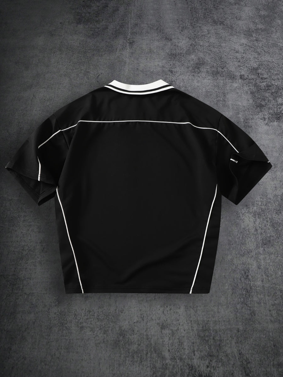 Men's Outdoor Casual V-Neck Polo Shirt, Wear-Resistant Jersey Fabric, Suitable for Outings, Walks, and Ball Activities - Black