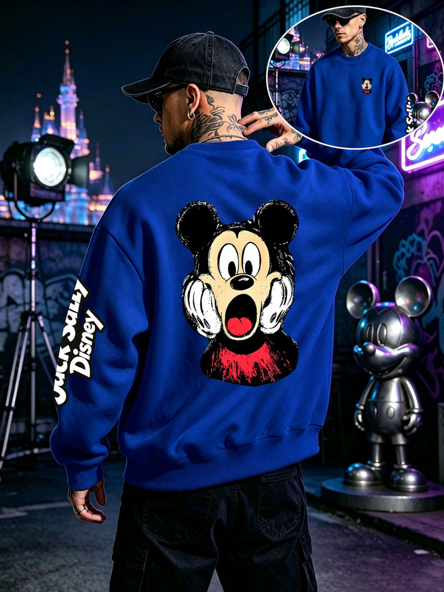 Halloween Sweatshirt, Men's Autumn/Winter Long-Sleeve Top, Casual and Versatile Sweatshirt, "Disney" Mickey Mouse Scared Face Print Men's Apparel, Perfect for Holiday Outfits, Daily Wear, and Party Attire - Colorful Blue