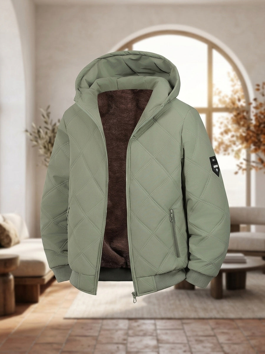 New Autumn/Winter Men's Diamond Stitch Hooded Padded Coat, Plush -Lined Thickened Outerwear, Outdoor Hiking Cold-Proof Warm Windproof Zipper Pocket Padded Coat - Military Green