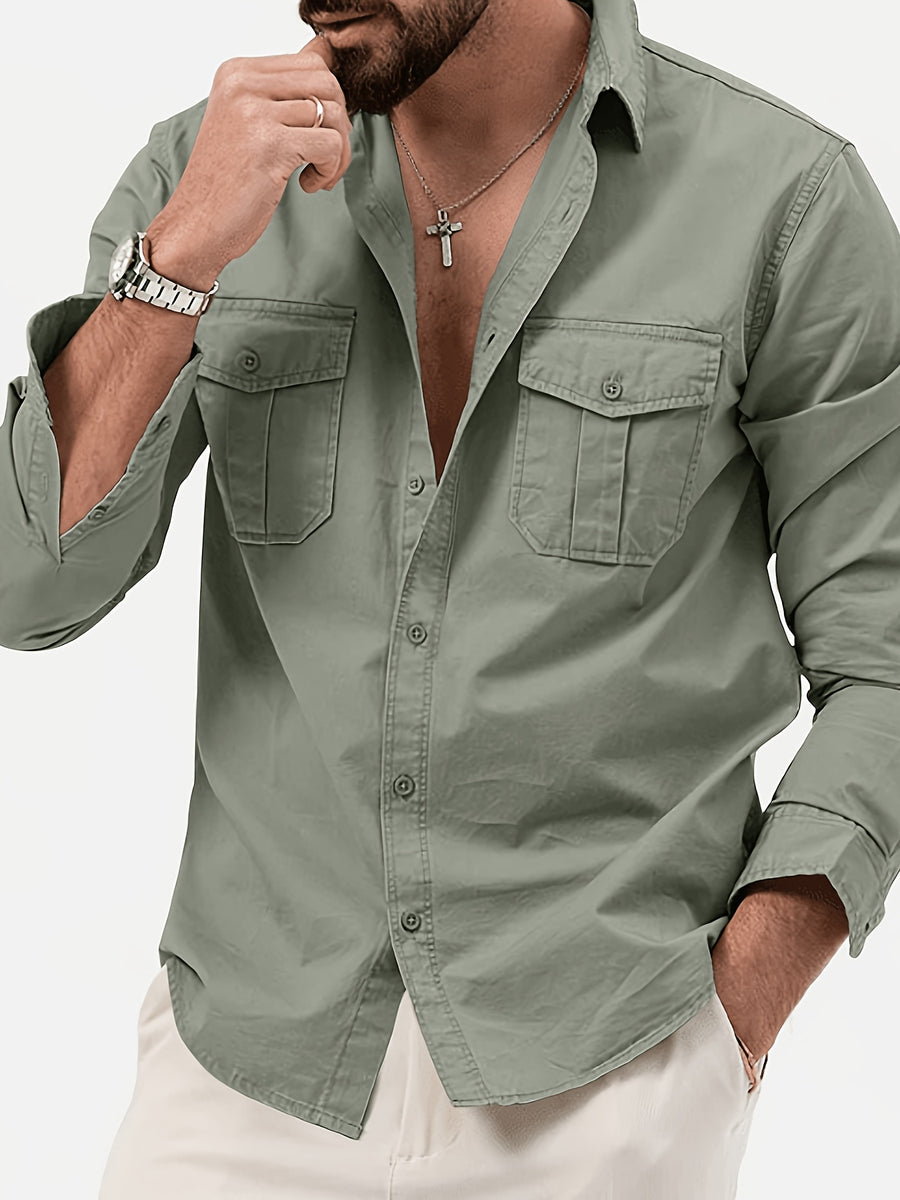Men'S Multicolor Dress Shirt Multi-Pocket Casual Long Sleeve Top - Matcha Color
