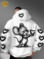 Warner Bros. Officially Licensed Men's Hoodie, Featuring Retro-style Cartoon Character Heart-shaped Pattern Design, Hand-drawn Sketch Art Print, Suitable for Casual Streetwear, Ideal for Daily Wear, for Travel or Weekend Outings - White