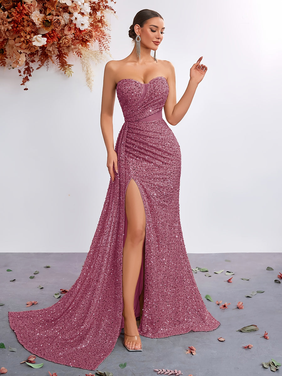 Sequined Sweetheart Neckline Mesh Panel High-Waist Long Scarf-Tie Slit Ball Gown Party Evening Dress - Bean Pink