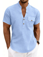Men'S Pure Henley Shirt Spring And Summer Casual Breathable Sweat-Absorbent Linen Texture Short-Sleeved Half Placket Pocket Easy Solid Color Small Stand-Up Collar POLO Shirt, Sweat-Resistant - Sky Blue
