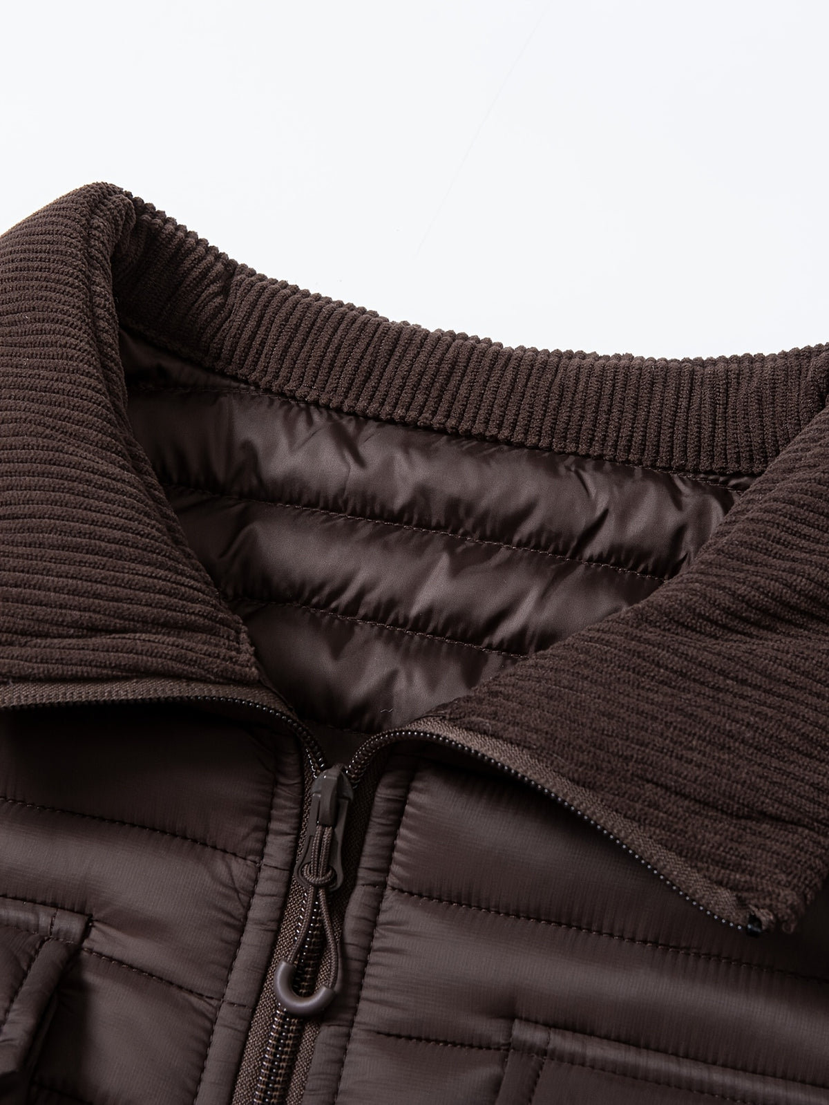 Men'S Horizontal Quilted Winter Jacket, Brown Corduroy Collar, 4-Pocket Utility Style with Ribbon Loops, Full-Zip Closure, Lightweight Warm Padded Coat, Suitable for Skiing, Riding, Hiking, Camping, Casual Commute And Business Attire - Coffee Color