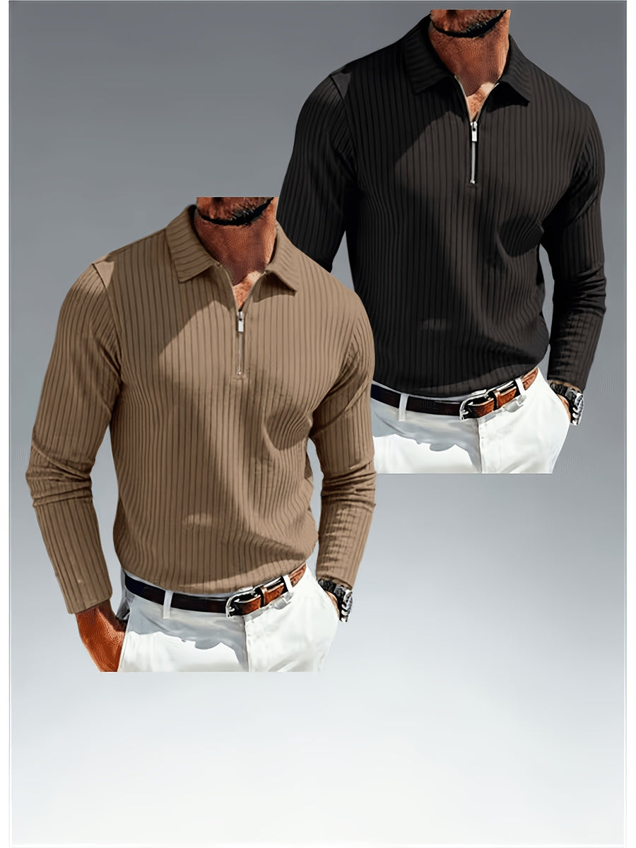 Spring/Autumn Men's Polo Shirt with Zipper and Striped Pattern, Long Sleeve, 2pcs - Khaki + Black