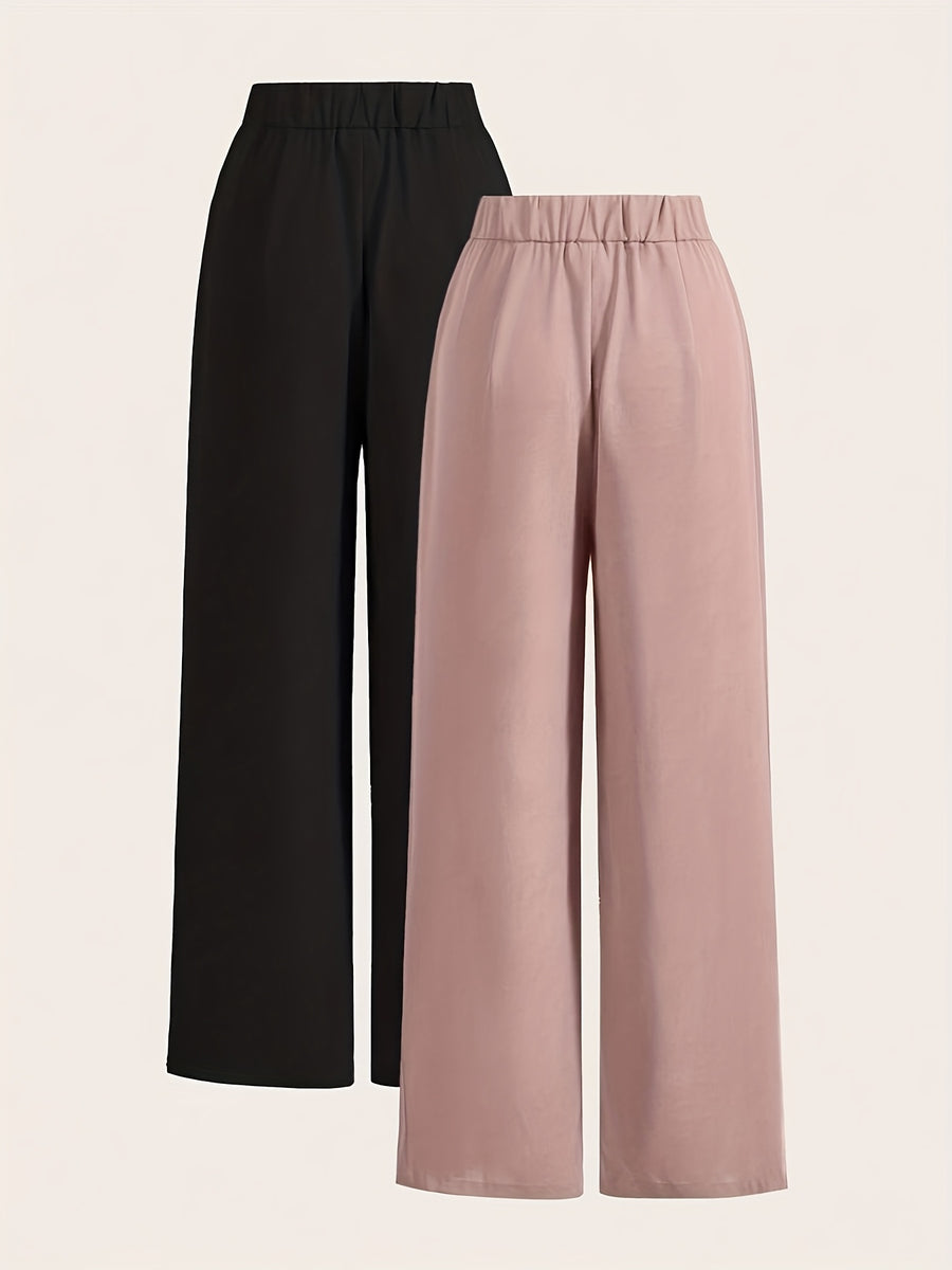 High-Waisted Wide-Leg Pants Two-Piece Set - Black+Pink