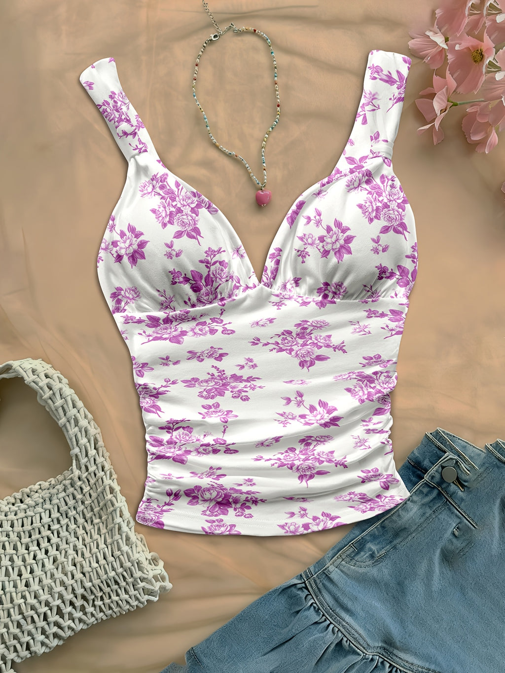 Women's Spring/summer New Hot Beach Tropical Vacation Outfits Casual Floral Slim Fit Bustier Halter Top - Violet
